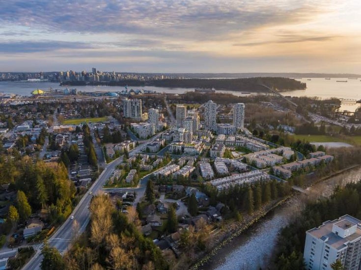 Aerial view of Emerald Townhomes in Lions Gate Village, North Vancouver.