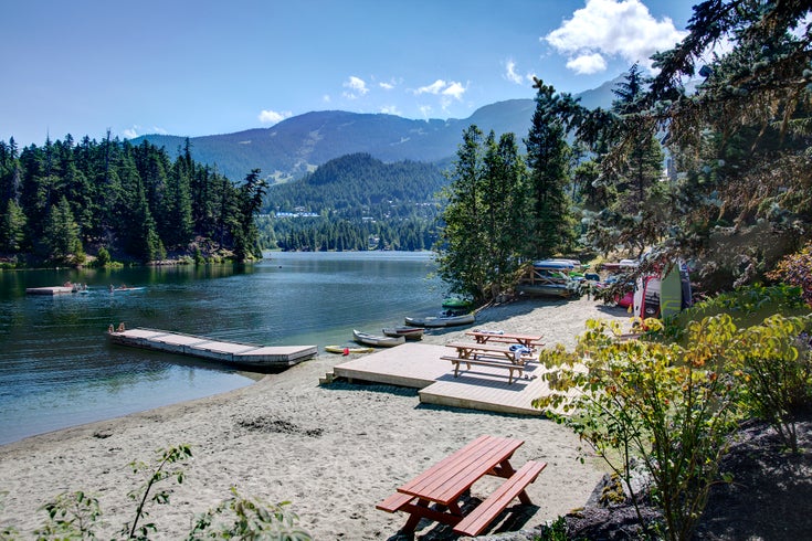 Private beach at Twin Lakes in Whistler. Located on the shores of Alpha Lake.