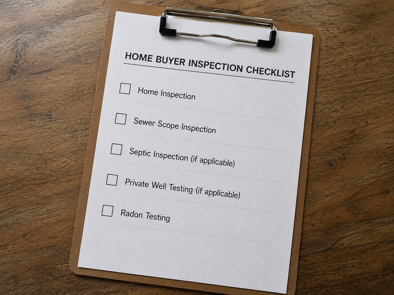 Clipboard displaying a home buyer inspection checklist with checkboxes for home inspection, sewer scope inspection, septic inspection, private well testing, and radon testing.