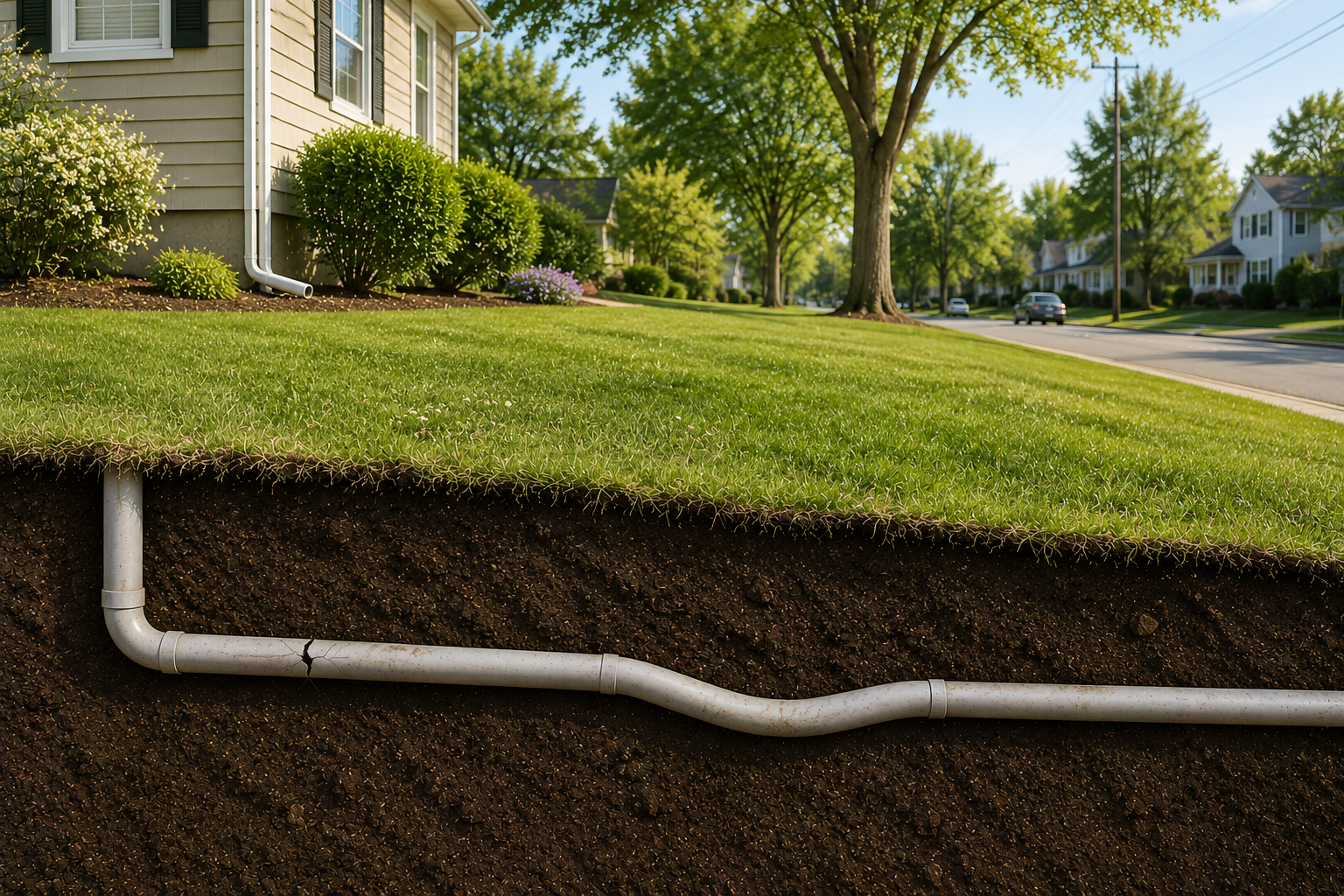 Illustration showing a damaged residential sewer line beneath a suburban Nova Scotia home with municipal sewer service.