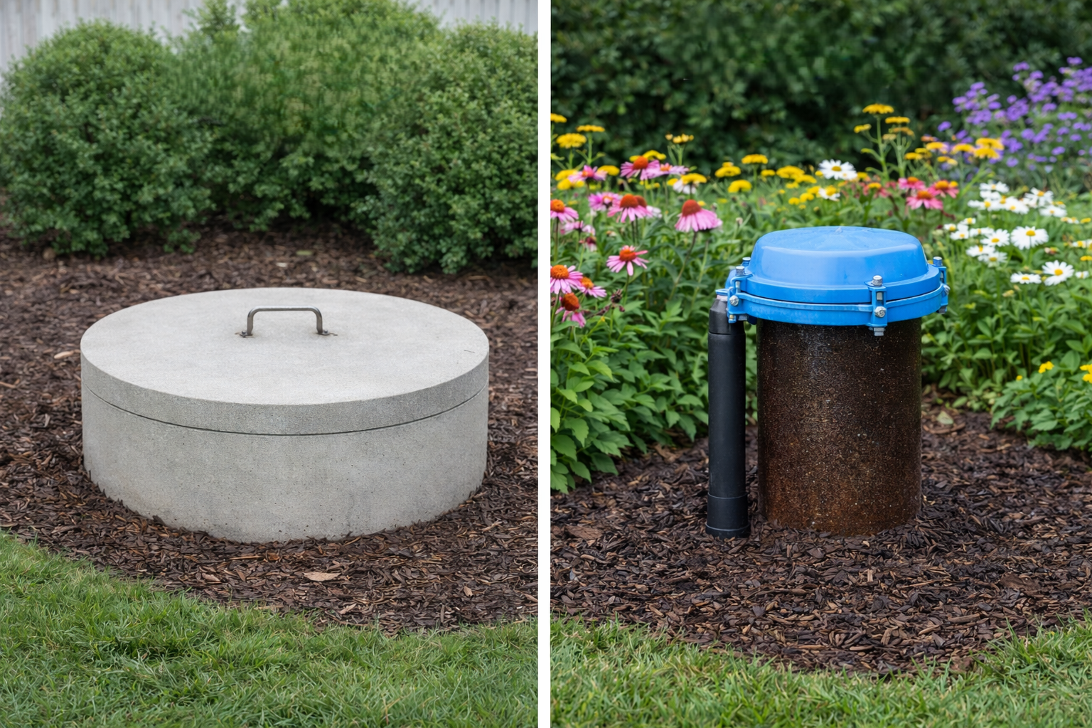 Comparison of a traditional dug well with a concrete cover and a modern drilled well with a blue cap, commonly found on residential properties.