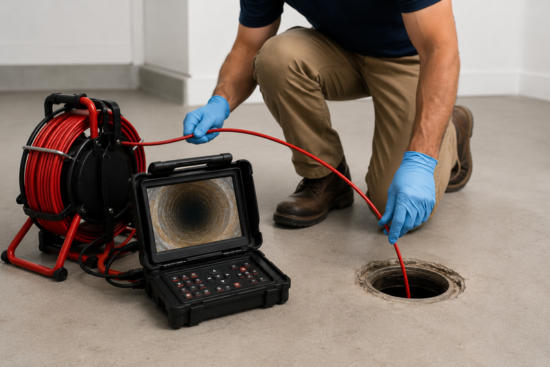 Technician using sewer scope inspection equipment to guide a camera through a residential sewer line and view the pipe condition on a monitor.