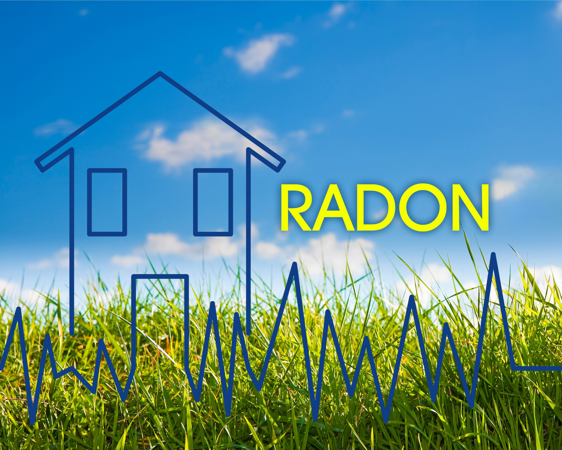 Illustration of a home outline over green grass with a radon level waveform graphic, representing radon gas levels in residential properties.