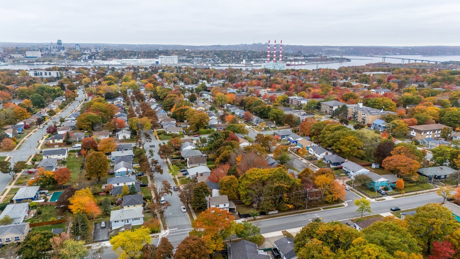 Aerial view of Crichton Park in Dartmouth Nova Scotia showing residential streets, mature trees in fall colours, and Halifax Harbour with the Macdonald Bridge in the background