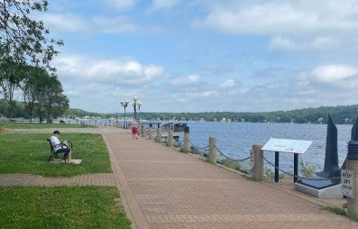Walking path and waterfront boardwalk at DeWolfe Park along the Bedford Basin in Bedford Nova Scotia