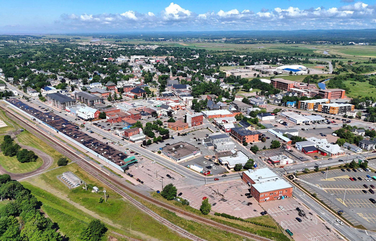Aerial view of downtown Truro, Nova Scotia showing residential neighbourhoods, local businesses, and surrounding green space