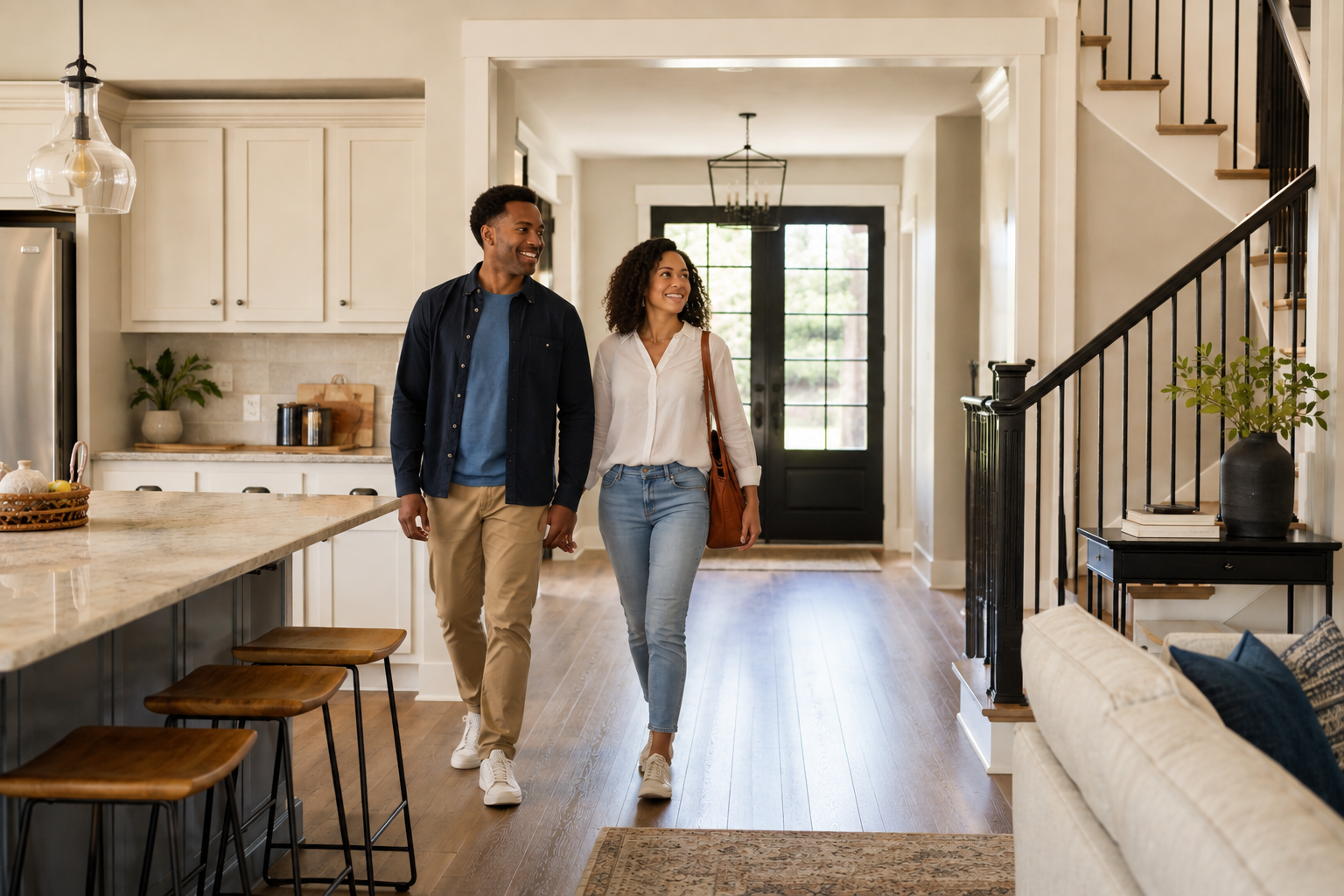 Couple of home buyers walking through a bright, modern home during a real estate showing in Calgary, Alberta.