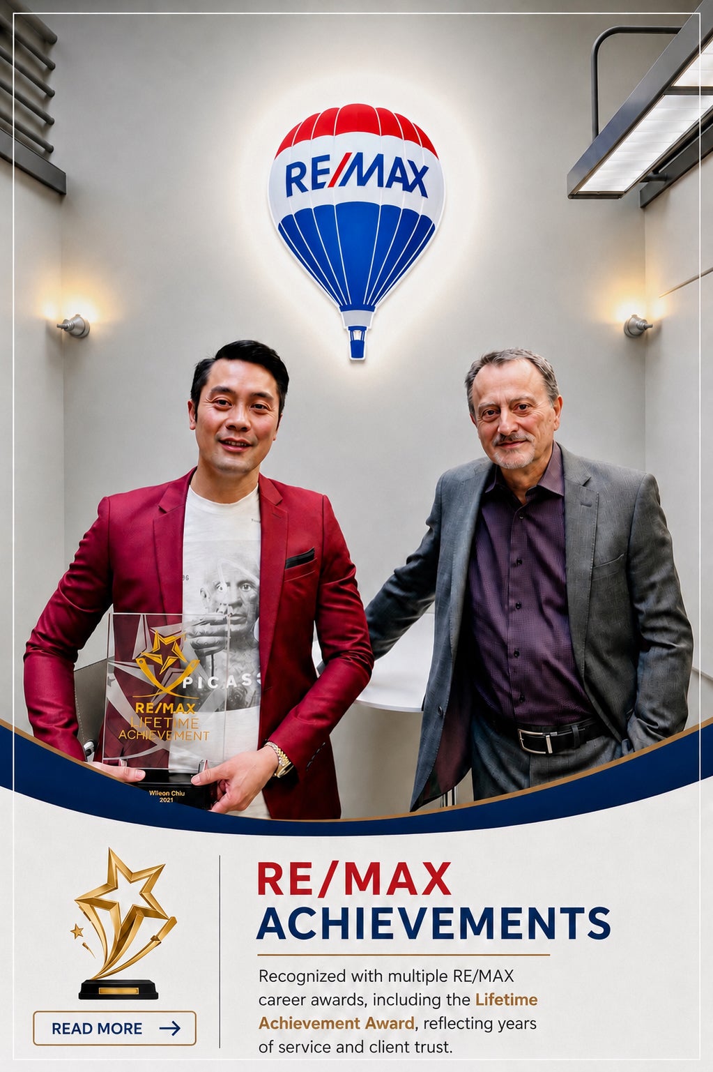 Wilson Chiu, Richmond Realtor with RE/MAX Westcoast, receiving the RE/MAX Lifetime Achievement Award for exceptional client service and results.