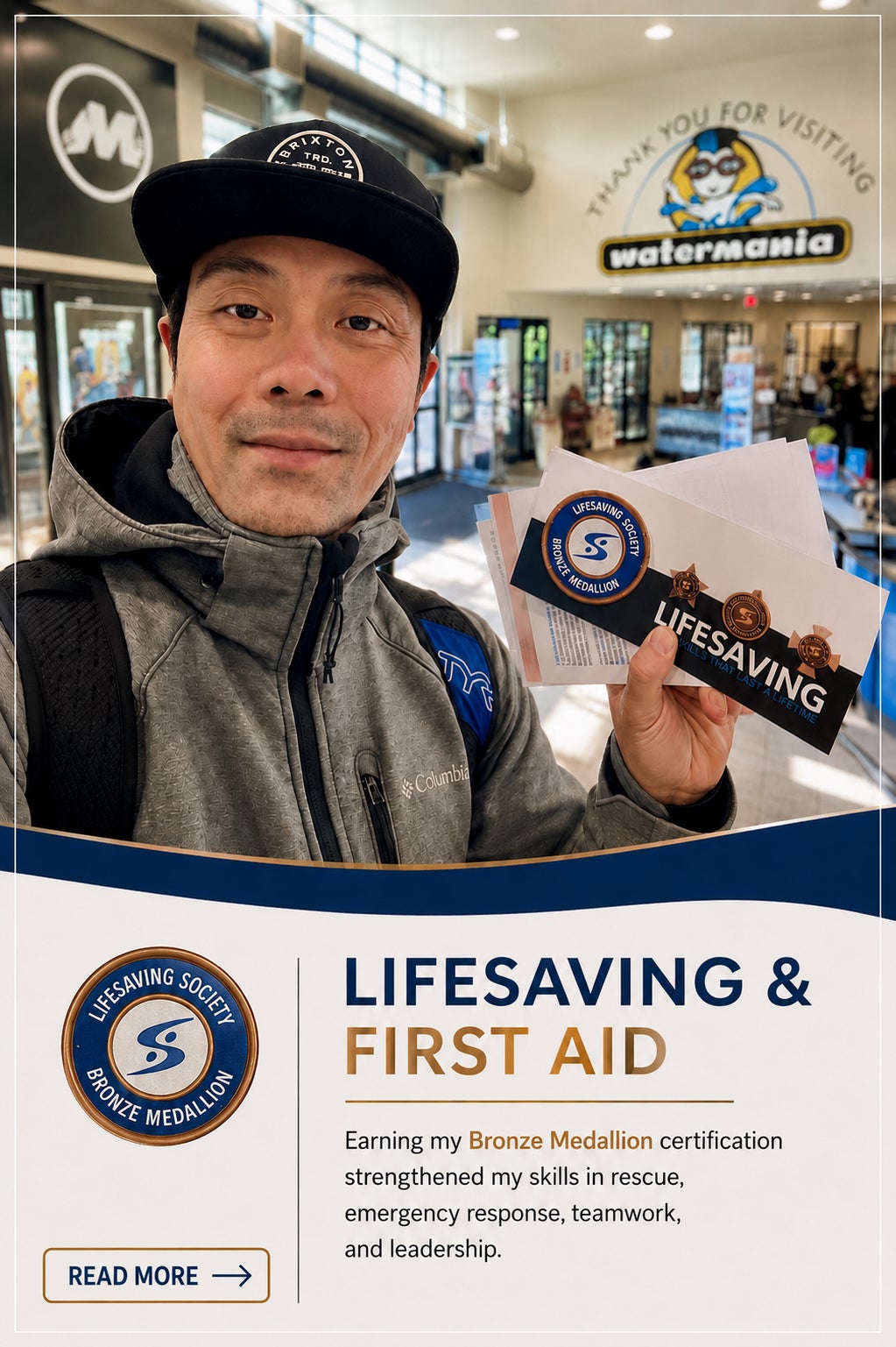 Wilson Chiu, Richmond Realtor and Scout leader, holding his Bronze Medallion certification at Watermania in Richmond BC.