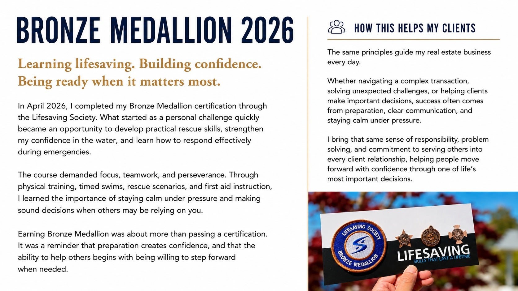 Wilson Chiu earning his Bronze Medallion certification through the Lifesaving Society, developing rescue skills, confidence, teamwork, and emergency preparedness.