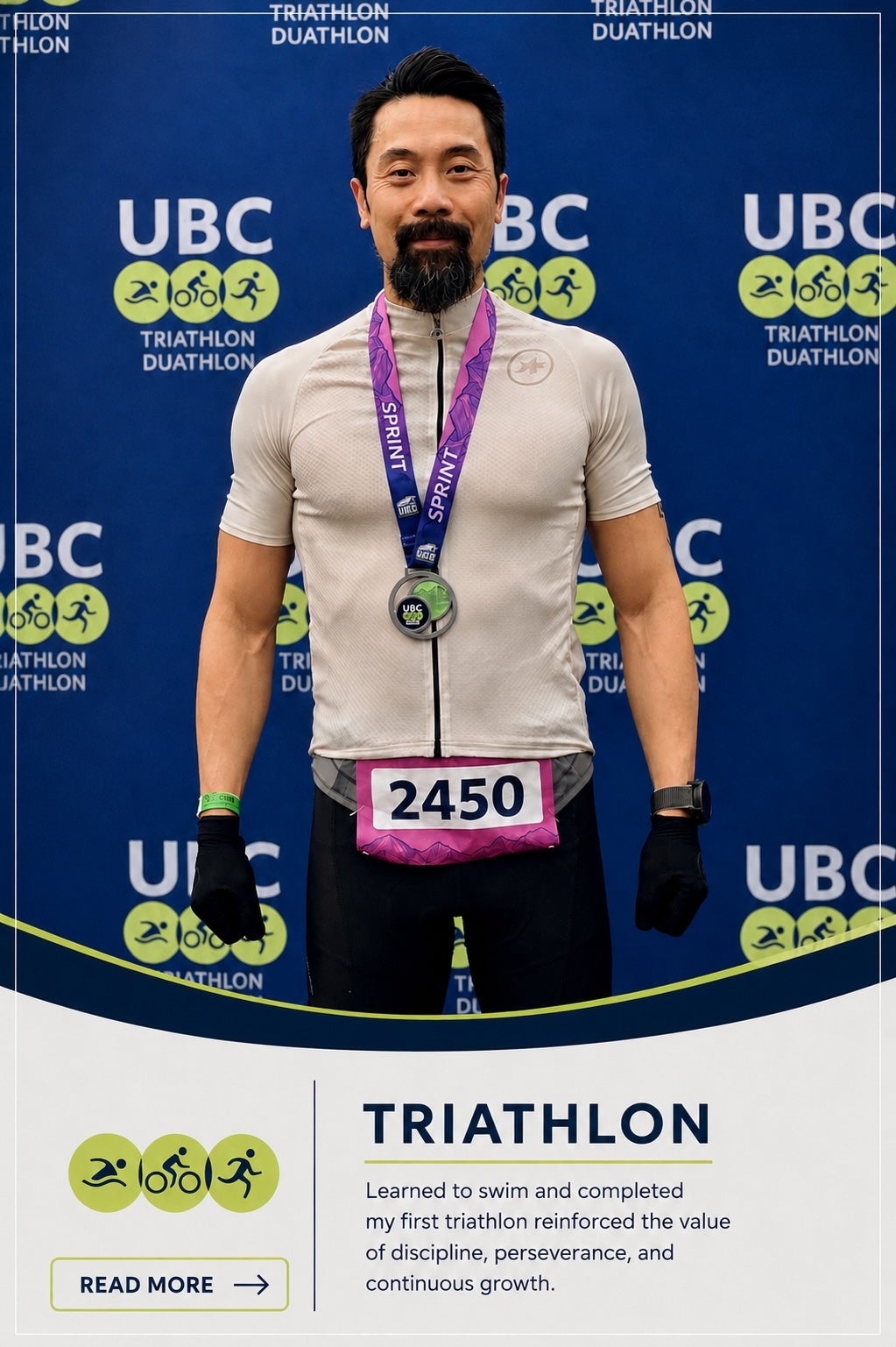 Wilson Chiu, Richmond Realtor and triathlete, after completing the UBC Sprint Triathlon in Vancouver BC.