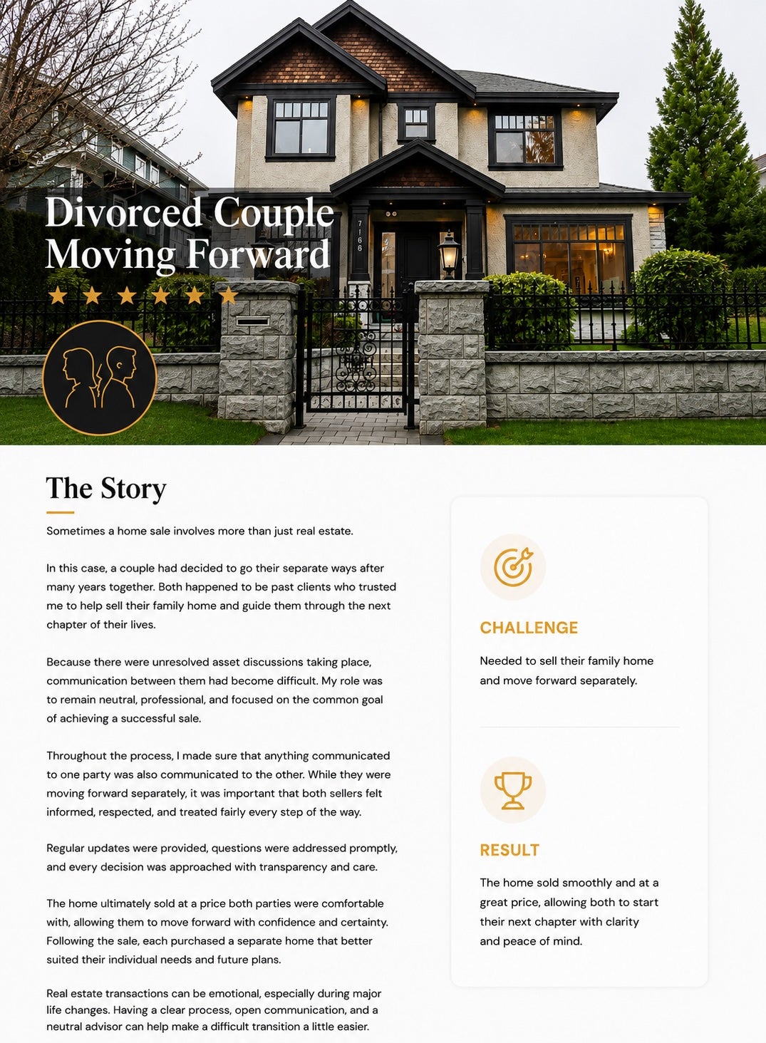 Divorce home sale success story, helping homeowners sell their family home and move forward with clarity, confidence, and peace of mind.