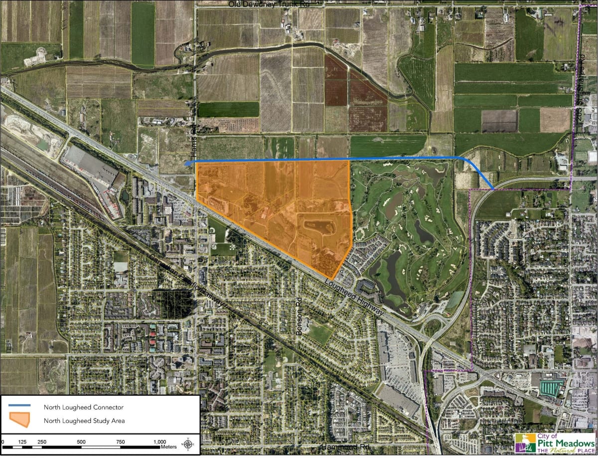Aerial map showing the North Lougheed study area and proposed North Lougheed Connector in Pitt Meadows.