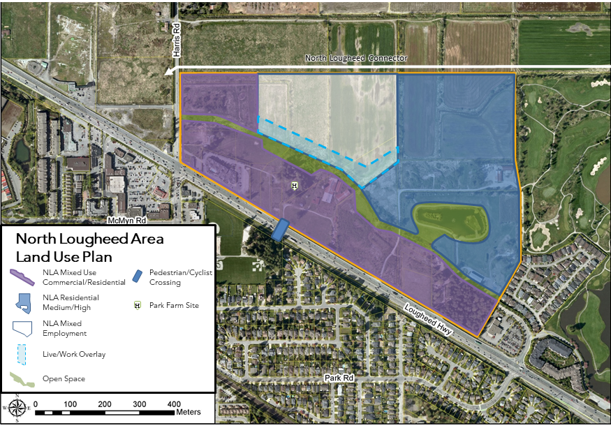 North Lougheed area land use plan showing mixed-use, residential, employment, open space, and pedestrian crossing areas in Pitt Meadows.
