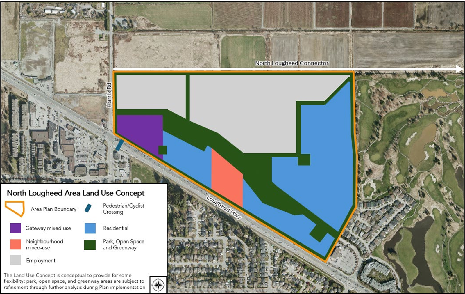 Concept land use map showing proposed residential, mixed-use, employment, and green space areas in the North Lougheed study area in Pitt Meadows.