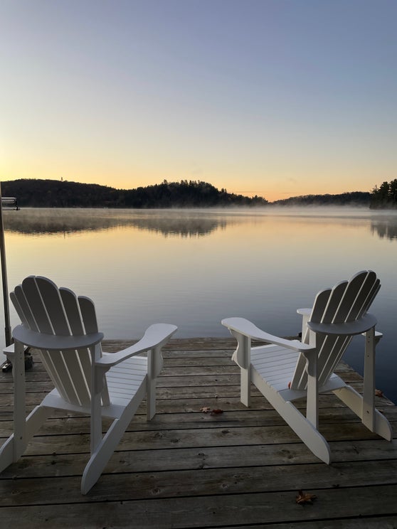 Muskoka Chairs on Dock Muskoka Chairs at Sunrise on Dock in Lake of Bays, Muskoka