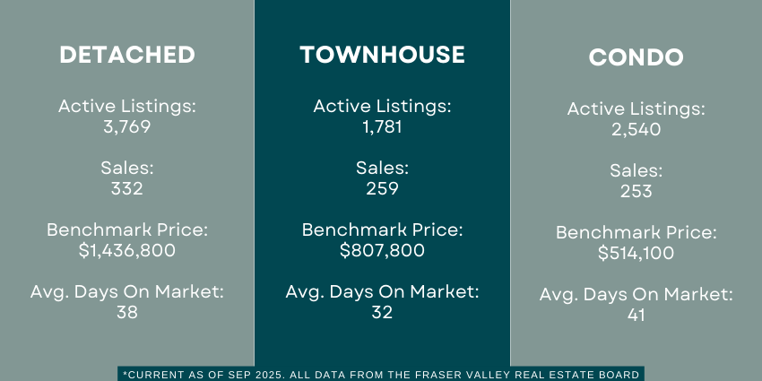 Infographic showing Fraser Valley real estate sales trends in August 2025
