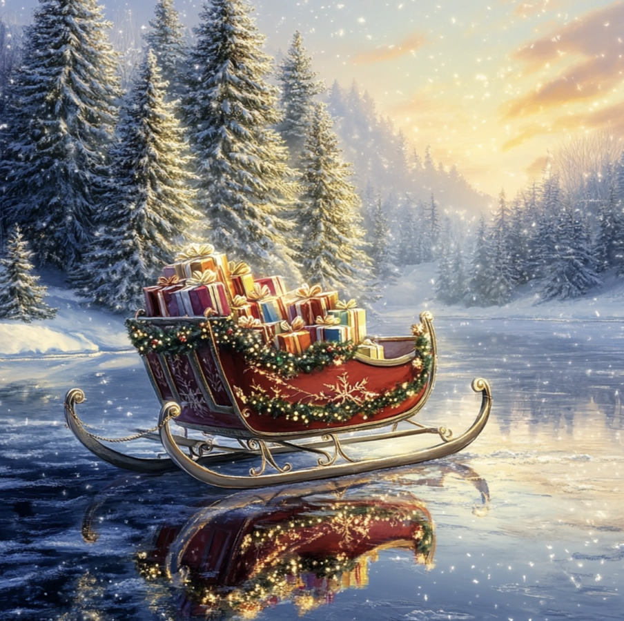 A sleigh filled with gifts on a sleigh in winter