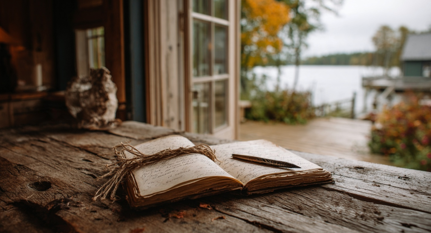 Cottage Guest Book Well-loved vintage cottage guest book open on a table at a Lake of Bays cottage.