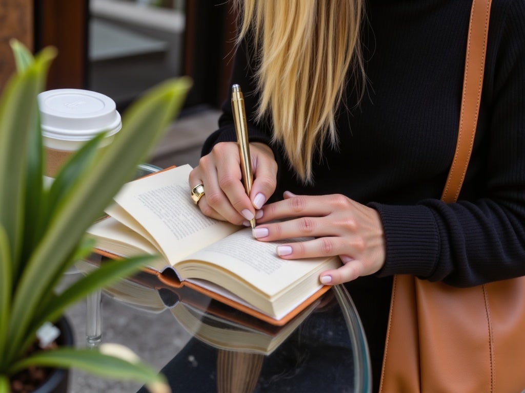 Hand view of Karen bond, Manitoulin real estate agent working at the table of a local island café..