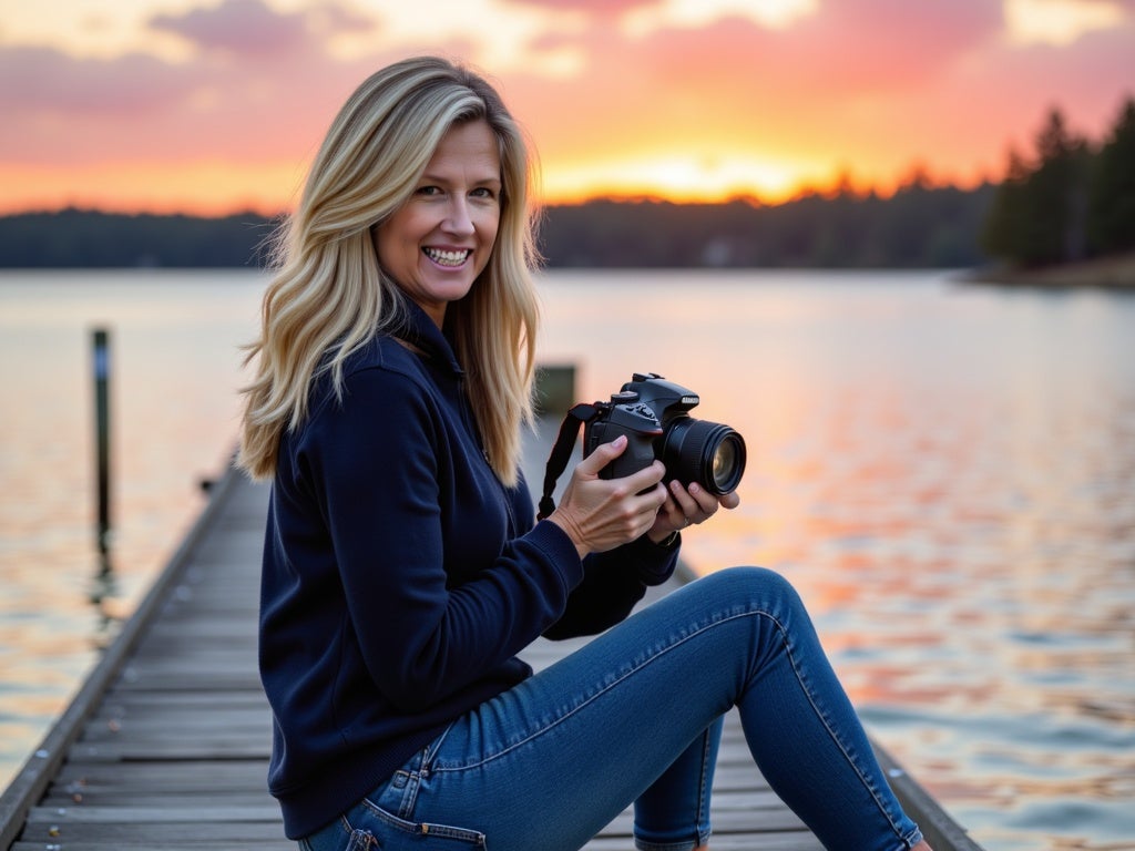 Karen Bond capturing a sunrise photo on Lake Manitou, Manitoulin Island.