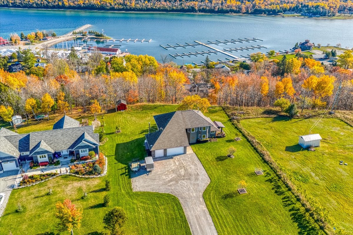 Aerial view of Gore Bay West Bluff homes and harbour