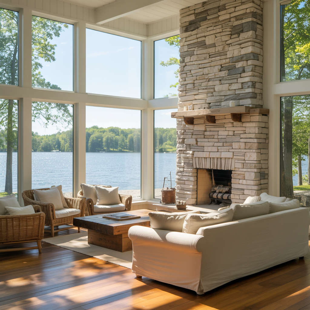 Beautiful living room with vaulted ceiling and floor to ceiling Manitoulin stone fireplace