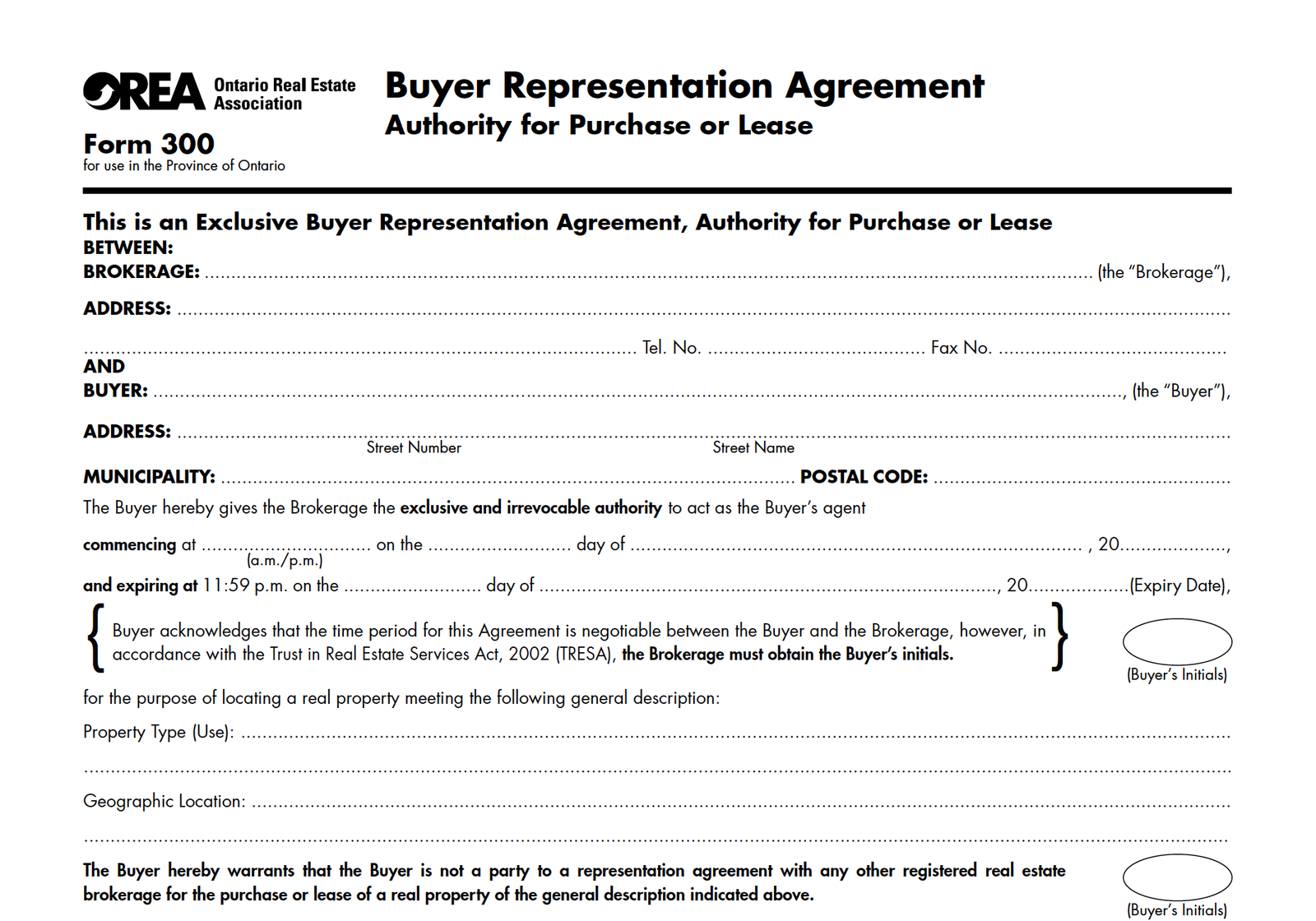 View of OREA Form 300 Buyer Representation Agreement Front page