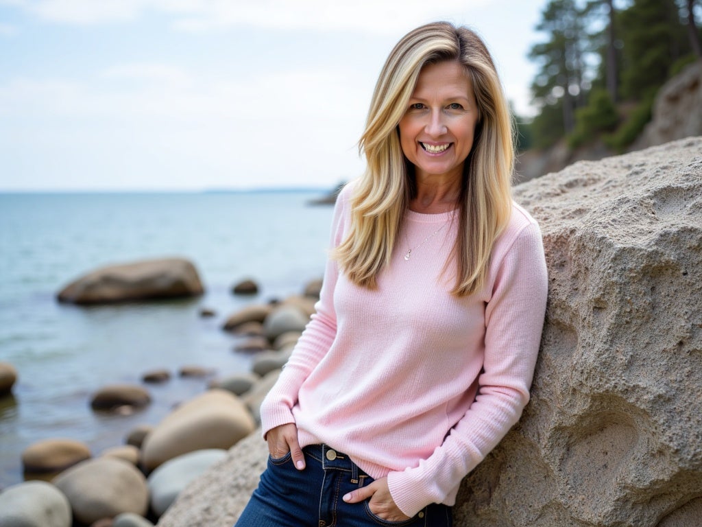 Lifestyle photo of Karen Bond, Manitoulin Island REALTOR® relaxing on an island shoreline.