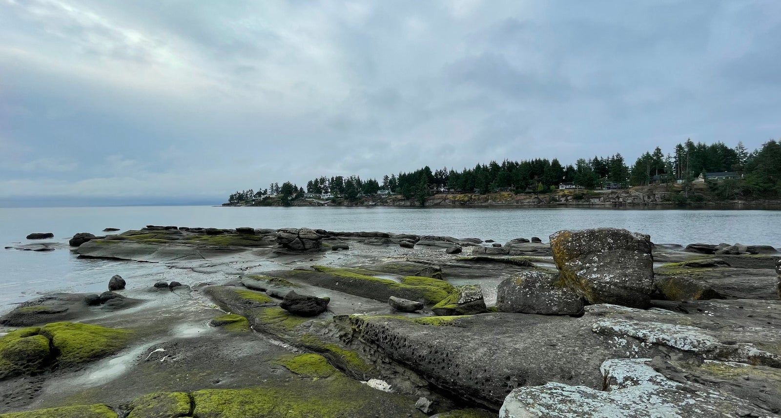 Rocky Nanoose Bay shoreline with coastal homes on Central Vancouver Island