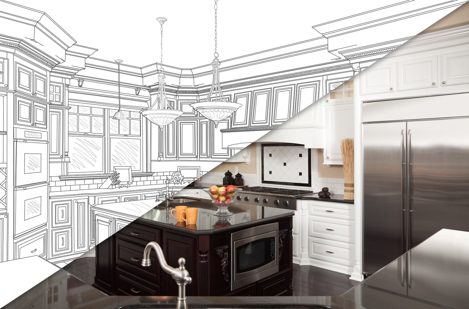 Kitchen renovation plans transitioning into a completed Vancouver Island home