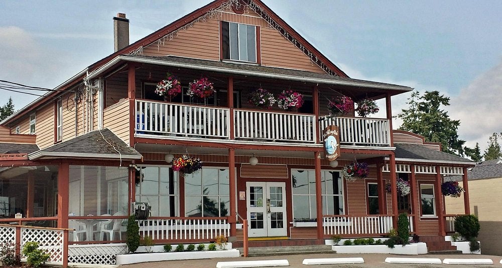 Lantzville Road village centre and local businesses in Lantzville, Vancouver Island