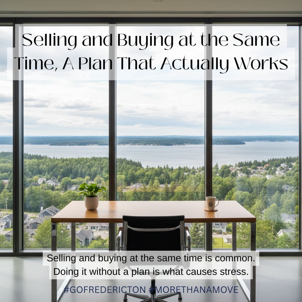 A calm Fredericton home interior with organized moving boxes, representing coordinated timing when selling and buying a home