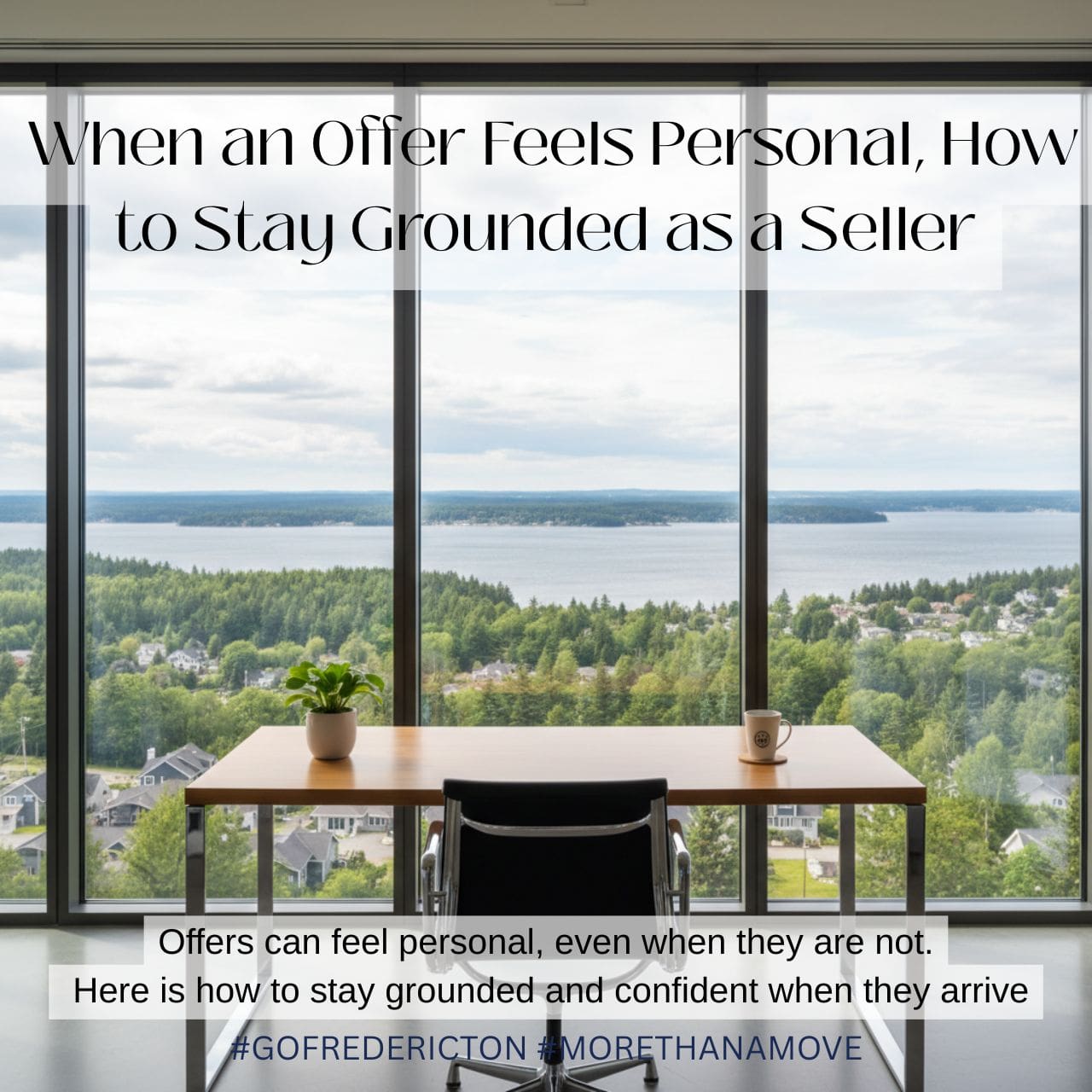A calm interior workspace overlooking Fredericton landscape, symbolizing thoughtful decision making during home sale negotiations