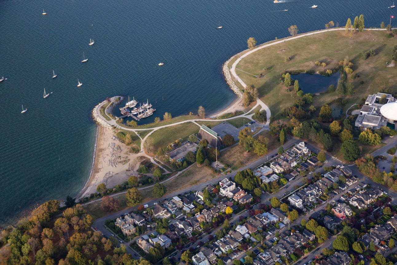 Aerial view of Kitsilano's waterfront, showcasing desirable real estate properties and the expertise of a Kitsilano realtor in Vancouver