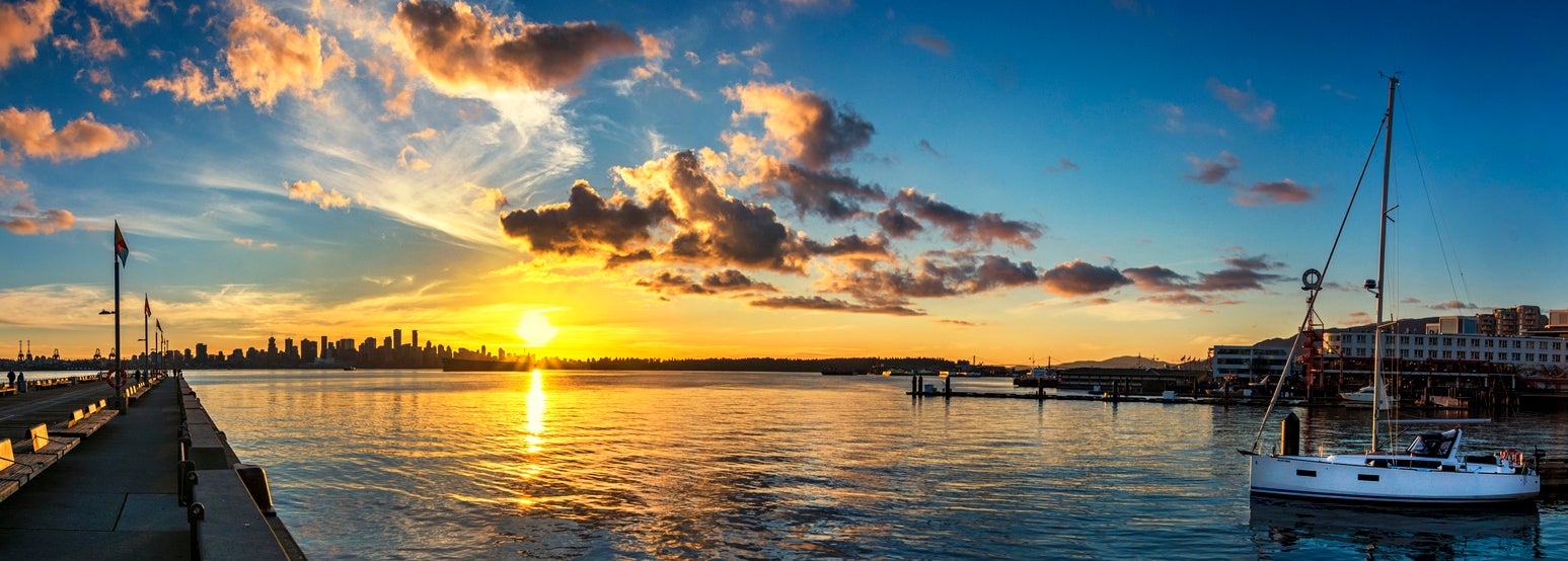 Breathtaking sunset over Lower Lonsdale's waterfront, with a view of the Vancouver skyline, illustrating the allure of Lower Lonsdale real estate.