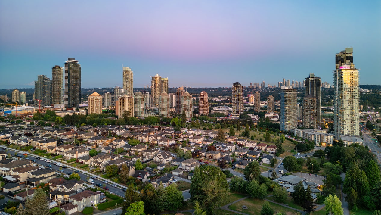 Panoramic view of Brentwood's residential neighbourhoods and high-rise condos, highlighting the dynamic real estate market in Brentwood