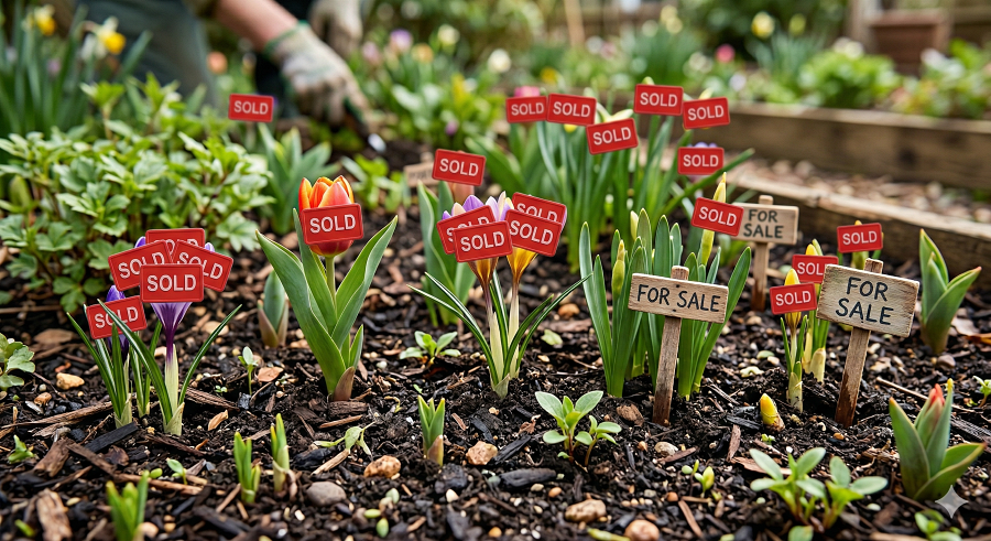 Garden filled with flowers that are replaced with sold and for sale signs
