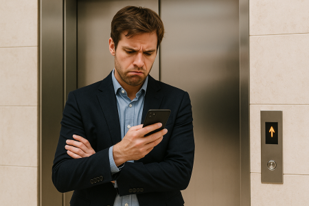A young man in a navy blazer stands in front of a modern elevator, looking impatiently at his smartphone with a frown. The elevator panel shows an upward arrow, indicating it hasn't arrived yet. The background features beige tiled walls and stainless steel doors.