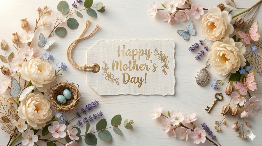 Mother's Day Card with flowers, nest with robin eggs, keys, etc.