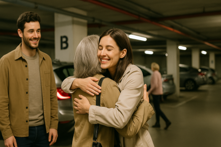 A young woman warmly hugs her mother in an underground parking garage while her partner stands nearby smiling. The setting includes parked cars, concrete pillars, and overhead red pipes, capturing a heartfelt family moment in an urban environment.