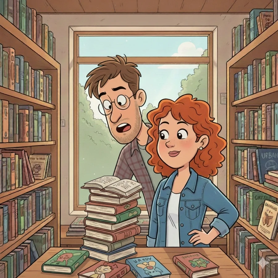 Couple in a bookstore look over a real estate book on a table