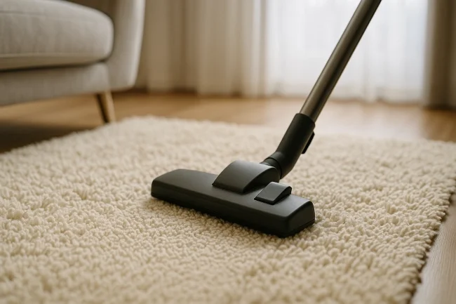 Say Goodbye to Thick Carpets – Switch to hard flooring to reduce dust by up to 90% Vacuuming thick carpet in living room with sunlight