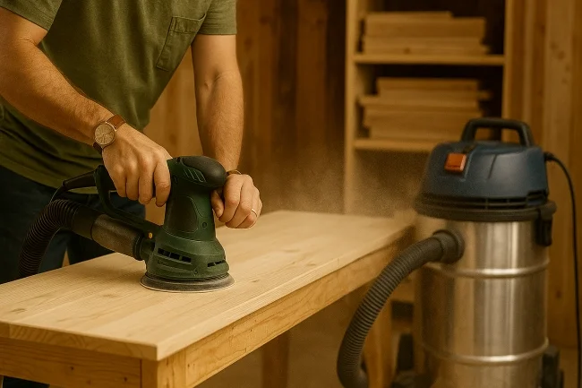 Control Workshop Dust – Use dust collection tools to limit airborne particles Person sanding wood with shop vac dust collector attached