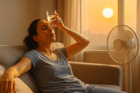 A woman sitting back on her couch, visibly overheated, with sweat on her forehead and holding a glass of ice water against her head. A bright orange sun glows through the window behind her, highlighting the need for air conditioning in her apartment.