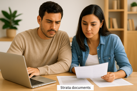 A young couple sitting at a table with a laptop, carefully reviewing condo strata documents together in a bright, modern home.