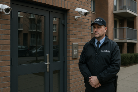 Secure Apartment Living with 24/7 Surveillance A professional security guard stands outside the entrance of a modern apartment building beside a locked glass door, flanked by two surveillance cameras and an intercom system, representing building security.