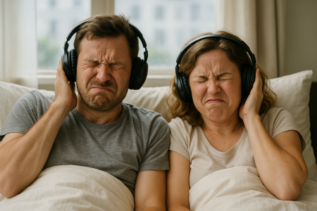 A man and woman lie in bed during the day, wearing black over-ear headphones and grimacing with scrunched faces as they try to block out loud noise. Sunlight filters through a window behind them, hinting at an urban setting outside.