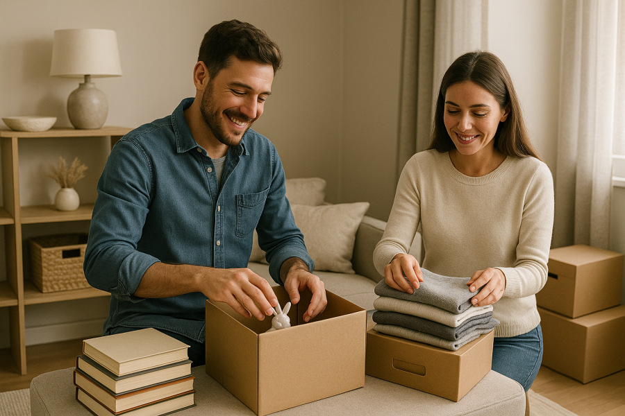 Smiling couple organizing and packing household items into cardboard boxes in a cozy living room.