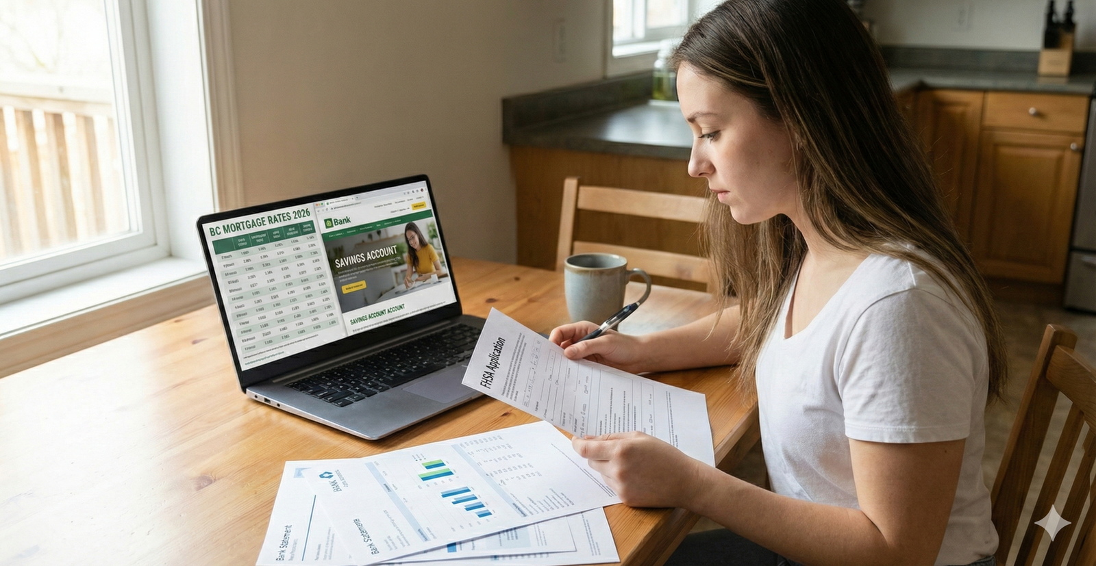 Young woman researching BC mortgage rates and filling out a home loan application for her first house.